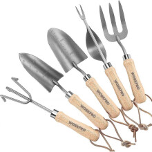 Garden Tool Set, 5 Piece Heavy Duty Steel Gardening Tools Kit with Wooden Handle, Includes Hand Trowel, Transplanter, Weeder, Hand Fork And Hand Rake