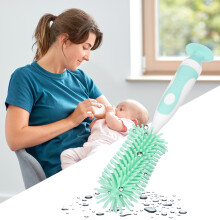 Silicone Babyflaschenbürste mit langem Griff, 360 weiche Borsten, Pink/Blau/Grün