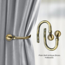 (Hold Back Pair, Antique Brass) Plain Metal Ball Curtain Pole 28mm - Extendable Curtain Rod with Rings & Bracket Set
