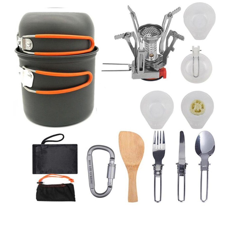 (Orange Orange) 11pcs Camping Cookware Mess Kit with Pot Stoves Carabiner Set-image-OPC-PK9P2ZF-NEW