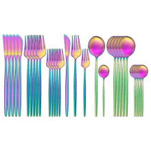 (Rainbow 1) 30pcs Matte Gold Cutlery Set Stainless Steel Dinnerware Knife Dessert Fork Spoon Dinner Silverware Kitchen Party Tableware Set