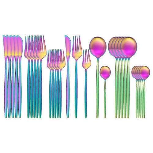 (Rainbow 1) 30pcs Matte Gold Cutlery Set Stainless Steel Dinnerware Knife Dessert Fork Spoon Dinner Silverware Kitchen Party Tableware Set
