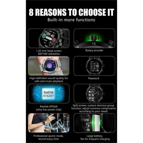 (Silver) Men's Bluetooth call smart watch full touch screen waterproof compatible with Android IOS 2