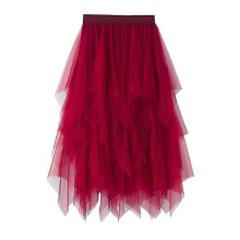 (Red Wine) Women Tulle Skirt Elastic Waist Mesh Long Paragraph Skirt Dress