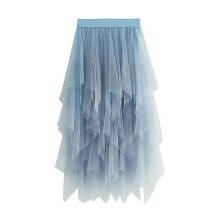 (Blue) Women Tulle Skirt Elastic Waist Mesh Long Paragraph Skirt Dress