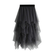 (Gray) Women Tulle Skirt Elastic Waist Mesh Long Paragraph Skirt Dress