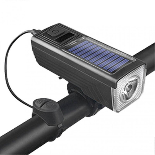 (Black)Solar Powered Bike Headlight USB Charging Waterproof Horn Lamp for Night Light