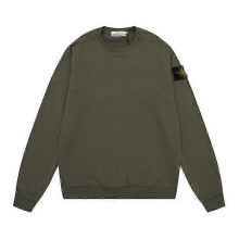 (S, Military Green 604) Classic Stone Correct Version Solid Color Round-Neck Long-Sleeve Unisex Sweater with Badge - Island Couple Style Clothing