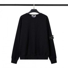 (L, Black Plus Velvet 296) Classic Stone Correct Version Solid Color Round-Neck Long-Sleeve Unisex Sweater with Badge - Island Couple Style Clothing
