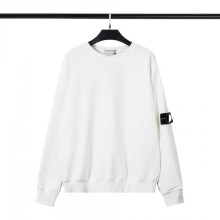 (2XL, White Fleece 296) Classic Stone Correct Version Solid Color Round-Neck Long-Sleeve Unisex Sweater with Badge - Island Couple Style Clothing