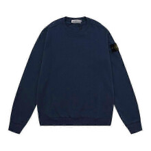(L, Navy Blue 604) Classic Stone Correct Version Solid Color Round-Neck Long-Sleeve Unisex Sweater with Badge - Island Couple Style Clothing