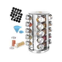 Spice Rack, 20 Glass Jars with Labels, Round Spice Tower with Ba