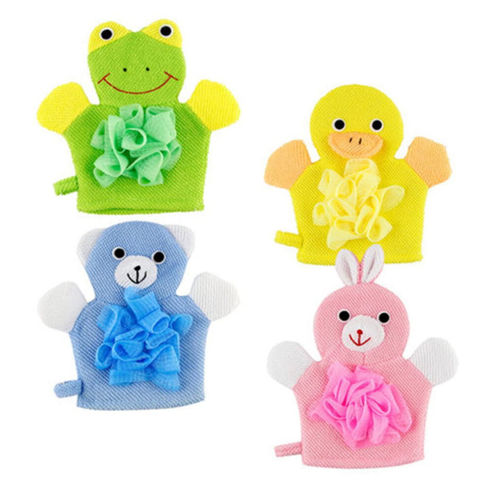 Soft Cartoon Shower Gloves for Kids 4 Pack Exfoliating Bath Mitts Set, Colorful Cotton Material, Ideal for Bath Time