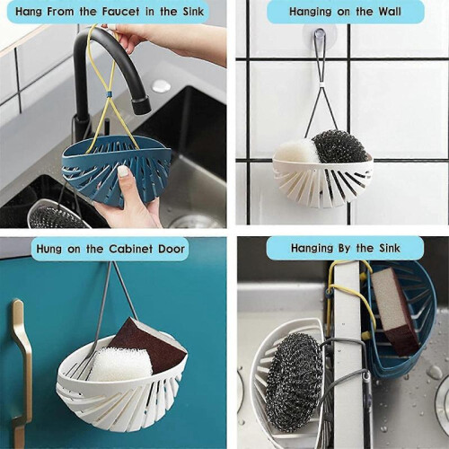 Sink Sponge Holder Hanging Kitchen Sink Caddy Adjustable Strap Kitchen Sink Organizer Space SavingWhite 2