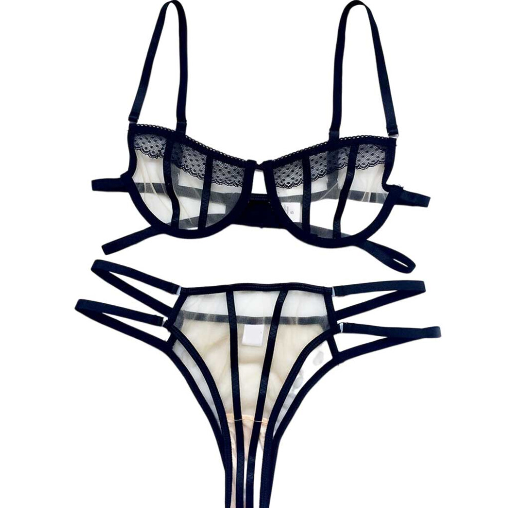 (Black, L) Women Lace Lingerie Bra Erotic Sexy Mesh Underwear Set Seamless-image-OPC-PK9QK5H-NEW