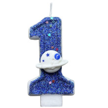 Birthday Cake Number Candles - Space Themed Blue Glitter Planet Cake Toppers for Kids Birthday Parties, 1 Piece