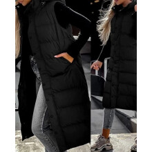 (Black, UK S - TAG M) Women's Vest Long Knee Jacket Coat Body Warmer Padded Warm Winter Puffer Gilet