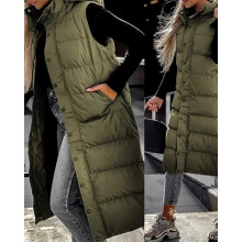 (Green, UK 2XL - TAG 3XL) Women's Vest Long Knee Jacket Coat Body Warmer Padded Warm Winter Puffer Gilet