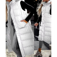 (White, UK S - TAG M) Women's Vest Long Knee Jacket Coat Body Warmer Padded Warm Winter Puffer Gilet