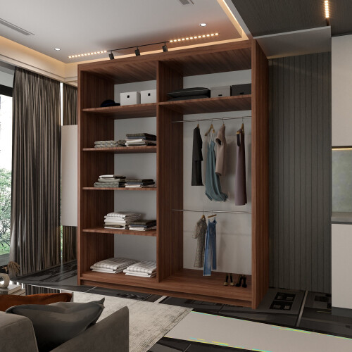 Modern Bedroom Sliding Wardrobe With Mirror Doors & Storage 150cm Walnut 2