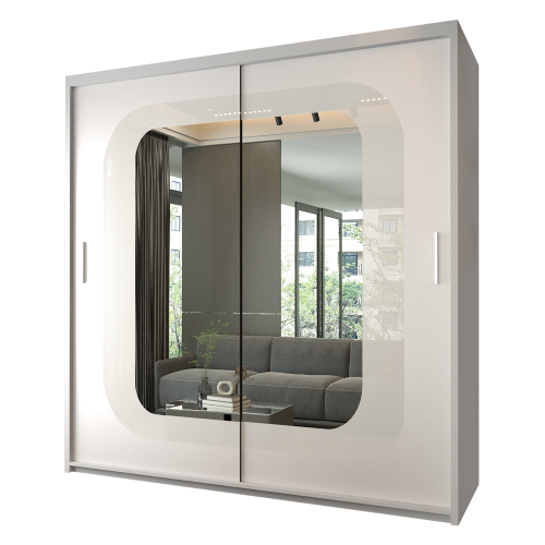 Modern Bedroom Sliding Wardrobe With Mirror Doors & Storage 203cm White-White 1