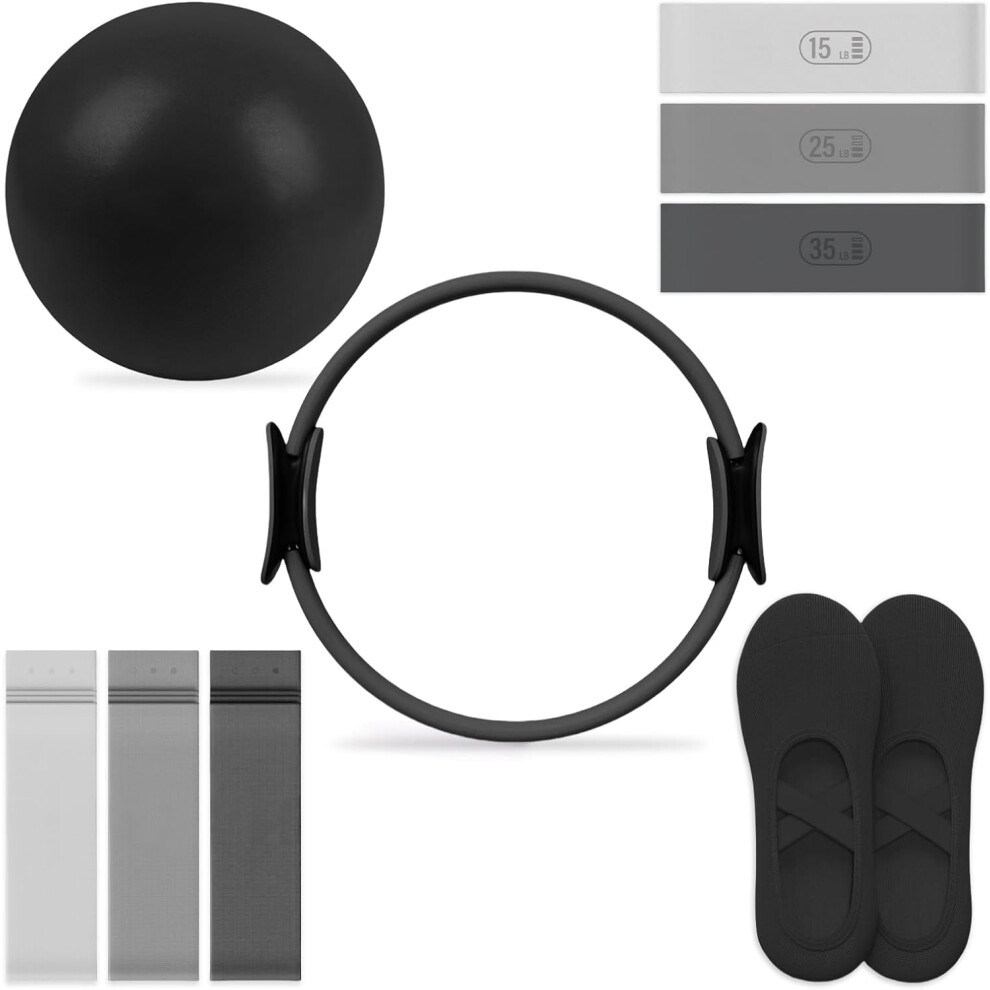 (Grey) Pilates Essential Kit - Portable Fitness Equipment - with Toning Pilates Ring & Long Resistance Bands & Pilates Loop Bands & Soft Pilates Ball