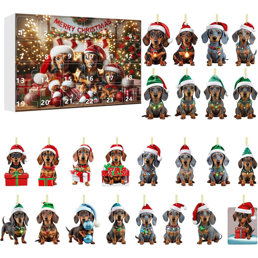 Christmas Tree Decorations Xmas Decor 2024 Festival Vacation Advent Calendar 24 Day Christmas Countdown Calendar Dachshund Pendant With Santa Hats 2D