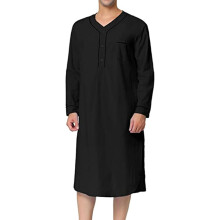 (XXL, 001* Black) Men's Kaftan Thobe Long Sleeve Muslim Robe Casual Button Up Kaftan Thobe Muslim Gown Home Suit Comfortable Loose Sleeping Dress Gown Sleepwear Loungew