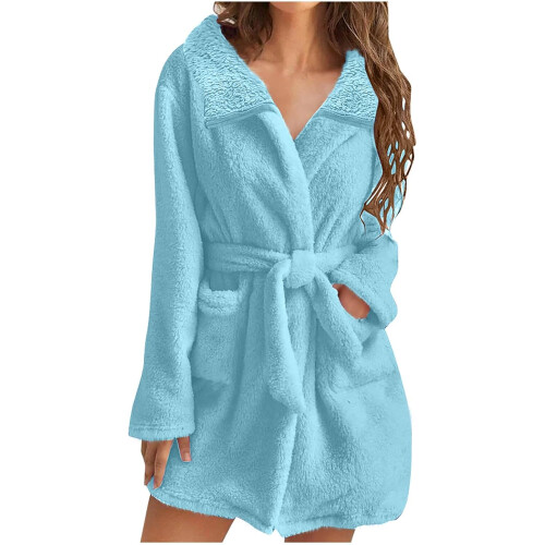 Short Blue Robe (3XL, 01* Light Blue) Womens Fuzzy Robes Lapel Short Robe Fleece Mid ...
