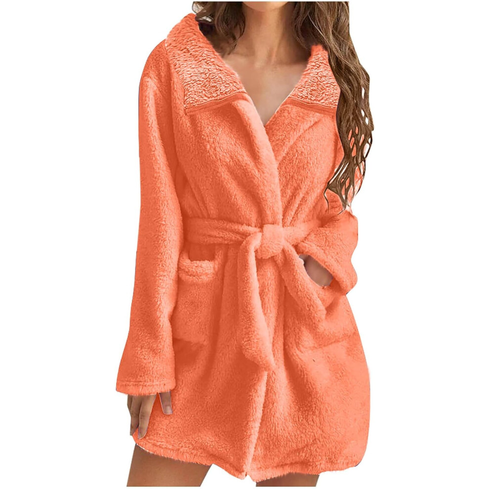 (XXL, 01* Orange) Womens Fuzzy Robes Lapel Short Robe Fleece Mid Length Bathrobe Belted Soft Bath Robes Plush Robe Fall Winter Spa Robes Sherpa Warm S