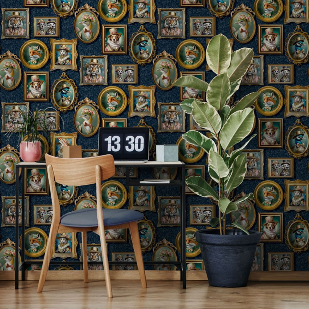 Navy Blue Regal Beasts Floral Victorian Animal Portraits Wallpaper 5061103676672