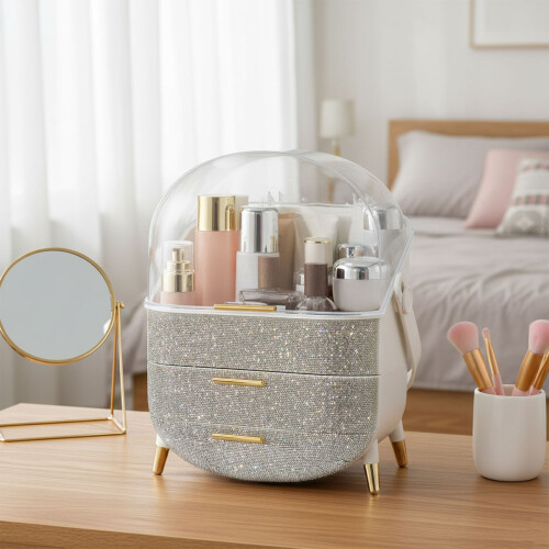 Living And Home (White) Countertop Portable Sparkling Rhinestones Makeup Storage Box 2