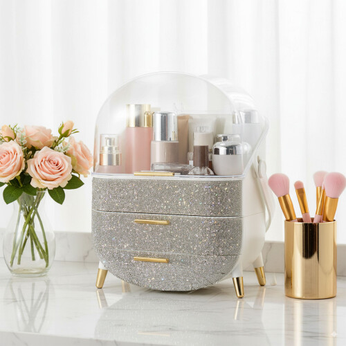 Living And Home (White) Countertop Portable Sparkling Rhinestones Makeup Storage Box