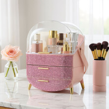 (Pink) Countertop Portable Sparkling Rhinestones Makeup Storage Box