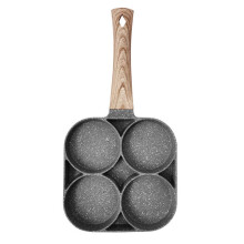 Western Style 4 Hole Burger and Pancake Pan with Wooden Handle, Non-Stick Cast Iron Griddle for Cooking Breakfast