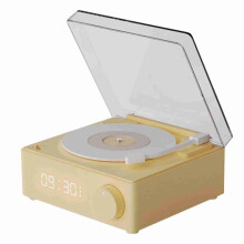 Rotating Vinyl Disc Alarm Clock Speaker Retro 360 Degree Stereo Wireless Clock Bluetooth Speaker compatible with Home Bedroom Office Beige