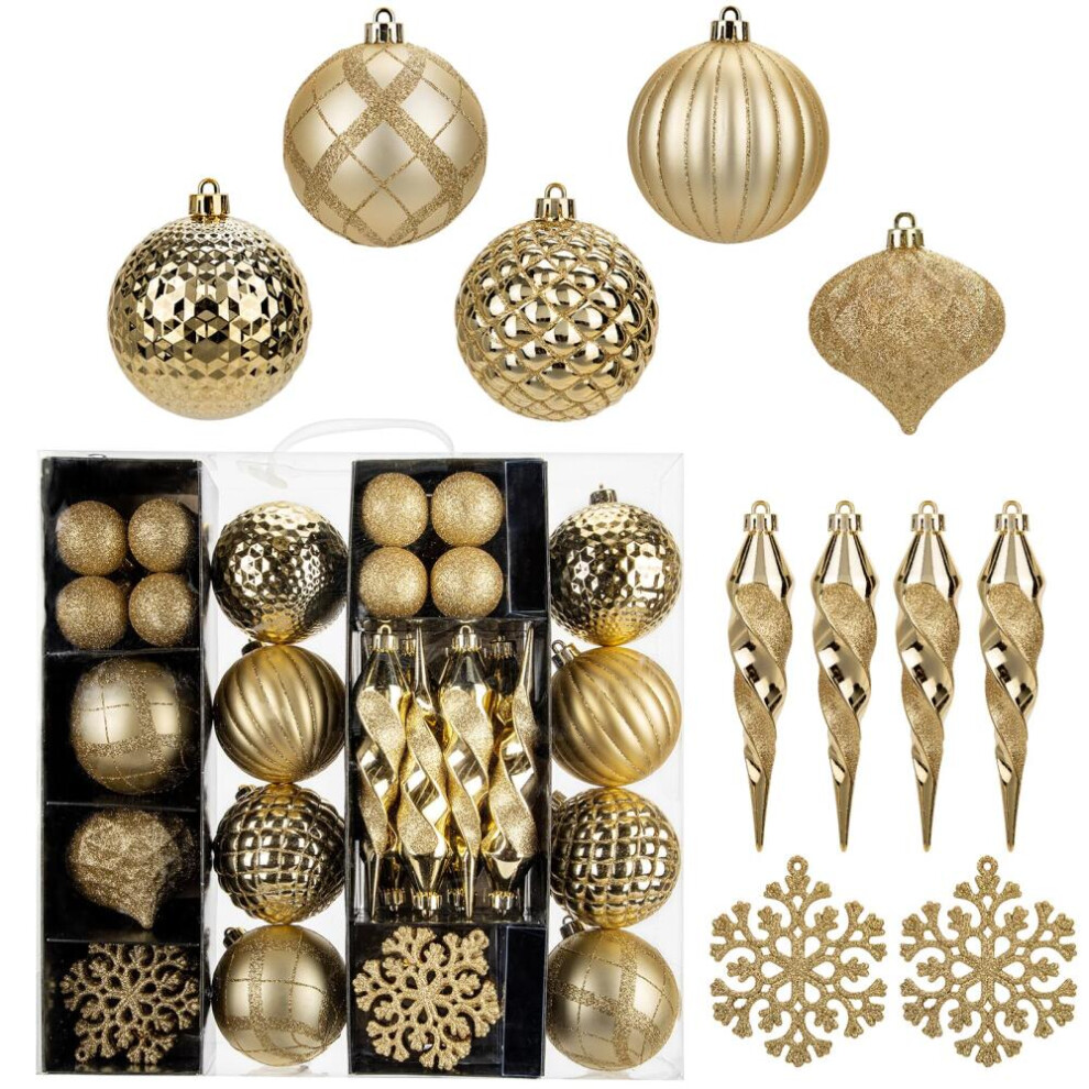 (Gold)2025 Christmas Gift 50Pcs Christmas Baubles Set - Shatterproof Icicle Snowflake, Hanging Ball Ornaments For Christmas Tree Decora Gold