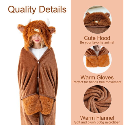(Highland Cow)SQEQE Φορετή Κουβέρτα Μεγάλα Φορετή Κουβέρτα Kawaii με Κουκούλα Δώρα για Γυ 2