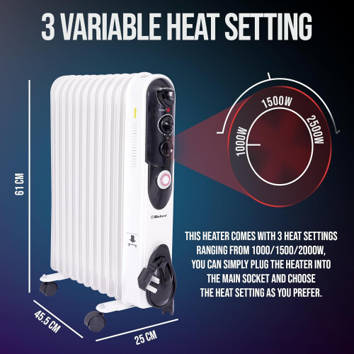 Belaco Oil Filled Radiator, With Timer, Portable 2500w 1