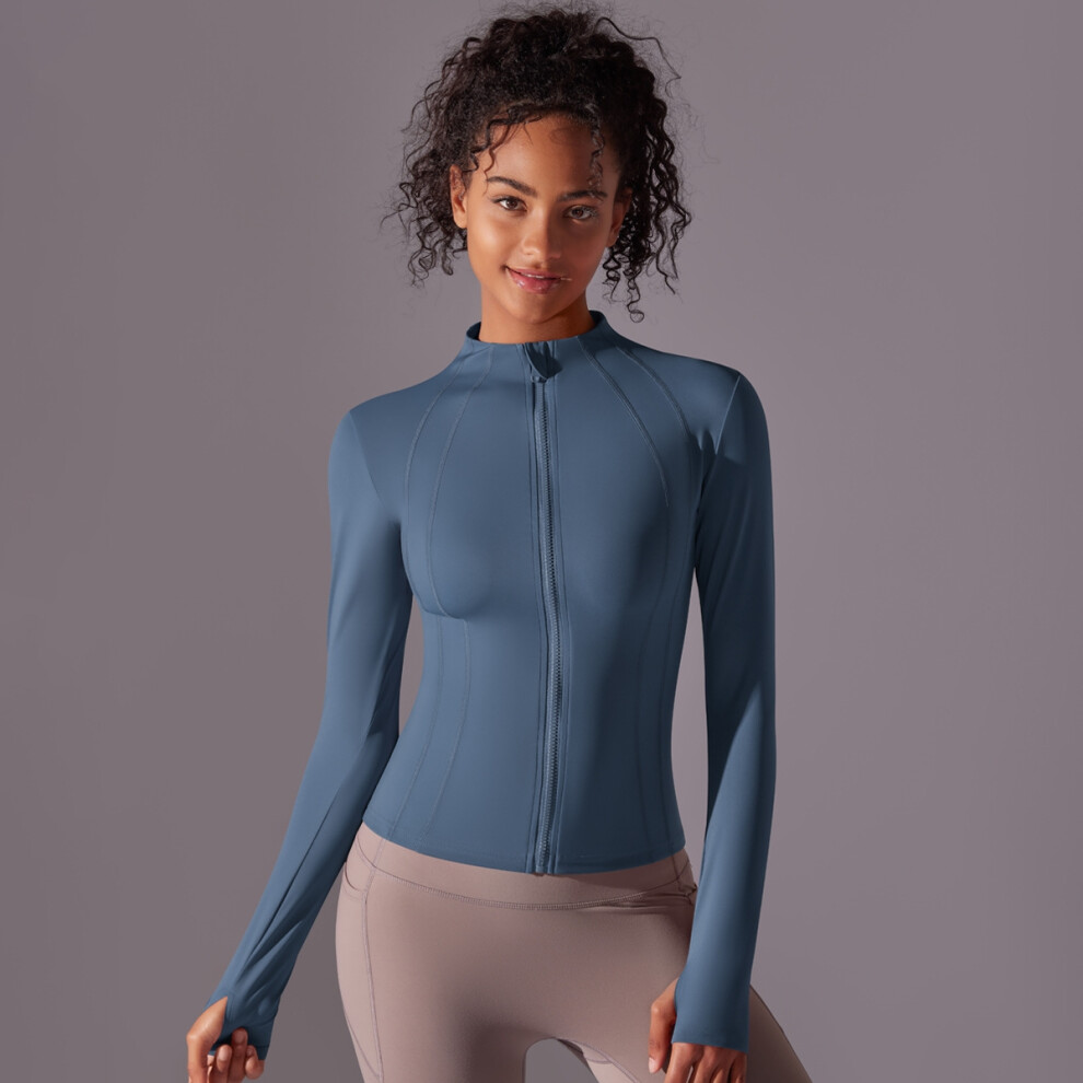 (Jacket - code blue, L) Solid color tight-fitting stand-up collar zipper long-sleeved coat brushed sports running fitness long yoga wear top for women