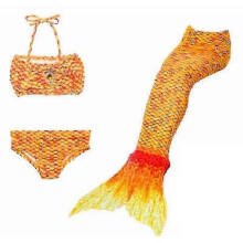 (6-7 Years) Kids Girl Mermaid 3 Pieces Set Cosplay Costume Fishtail Bikini Swimsuit Orange Tw