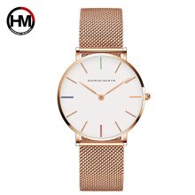 (White face rose gold chain with colorful scales) Japanese movement steel chain waterproof wristwatch, light luxury, niche, minimalist style steel mesh strap slim watch for ladies
