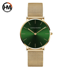 (Green face and gold chain) Japanese movement steel chain waterproof wristwatch, light luxury, niche, minimalist style steel mesh strap slim watch for ladies