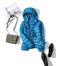 (XL - Bleu à capuche) Doudoune fine et ultra-légère grande taille pour femme, collection automne-hiver
