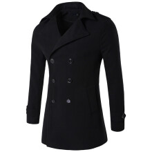 (M-Negro) Abrigo de lana cruzado para hombre, primavera y otoño, manga larga, gabardina larga verde