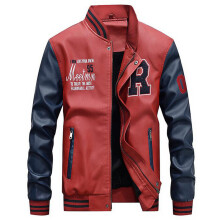 (M-Red)Jacket Men Embroidery Baseball Jackets Pu Leather Coats Slim Fit College Luxury Fleece Pilot