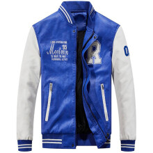 (xxL-Blue)Jacket Men Embroidery Baseball Jackets Pu Leather Coats Slim Fit College Luxury Fleece Pilot