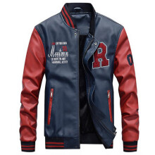 (M-Navy Blue)Jacket Men Embroidery Baseball Jackets Pu Leather Coats Slim Fit College Luxury Fleece