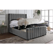 (5ft, With Ottoman, No Mattress) OTTOMAN STORAGE BED PANEL STEEL PLUSH VELVET UPHOLSTERED BED FRAME- WINGED VEGAS HEADBOARD