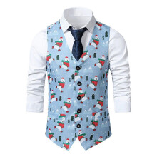 (Light blue, M) Men Christmas Waistcoat Slim Xmas Party Festive Vintage Fancy-Vest Jacket Coats*